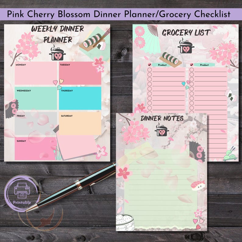 Kawaii Cherry Blossom Meal Planner Pink Pastel Aesthetic Printable Template Weekly Dinner Schedule Planning Tool Grocery Checklist List Organizer Daily Menu Tracker Download Cute Sakura Design Kitchen Essential Digital Planning Page Instant