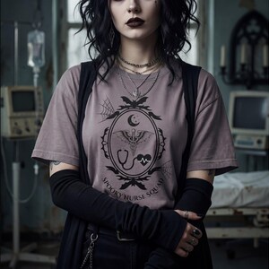 Halloween Season Shirt Spooky Nurse Squad Design Night Shift Worker Apparel Gothic Aesthetic Tee Medical Staff Gift Creepy Cute Style Healthcare Professional Present Alternative Fashion Top Dark Clothing Option Nursing Student Gift Unique