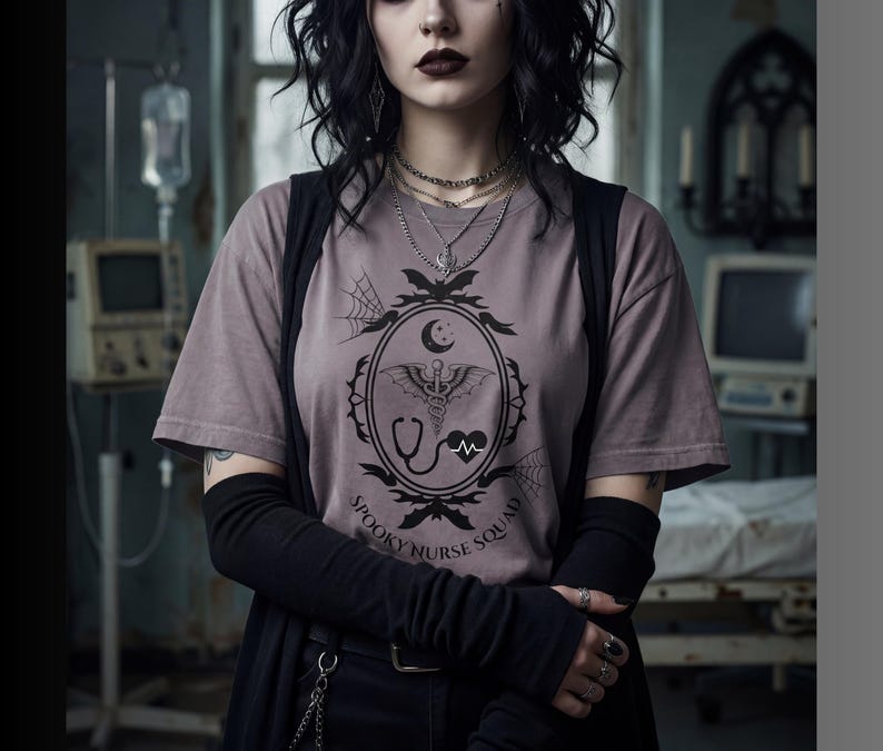 Halloween Season Shirt Spooky Nurse Squad Design Night Shift Worker Apparel Gothic Aesthetic Tee Medical Staff Gift Creepy Cute Style Healthcare Professional Present Alternative Fashion Top Dark Clothing Option Nursing Student Gift Unique