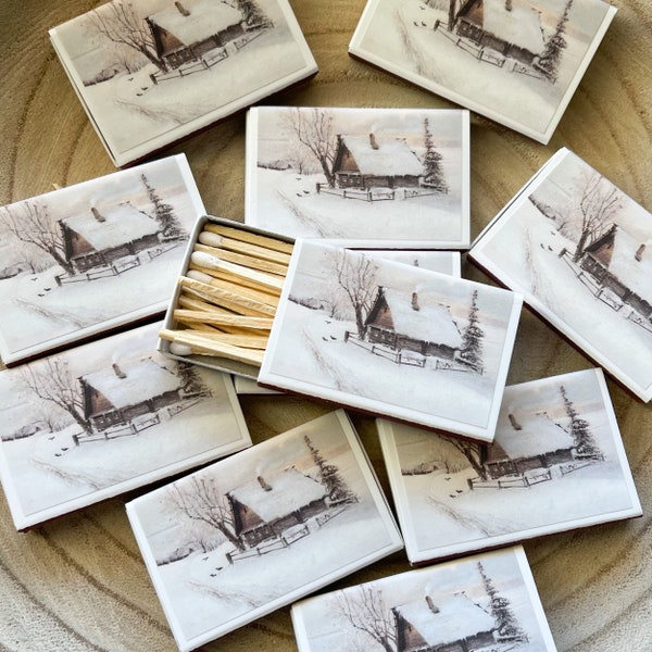 Winter Cabin Match Set | Holiday Match Box | Snow | Christmas | Winter | Vintage Art Landscape | Candle Match Box