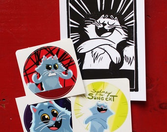 Sydney the Song Cat Vinyl Sticker Set (3") and original linocut print (numbered and signed)