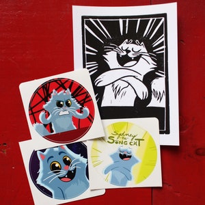 Sydney the Song Cat Vinyl Sticker Set (3&quot;) and original linocut print (numbered and signed)