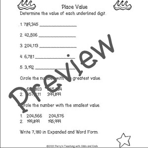 May include: A worksheet with a place value math problem. The problem asks students to determine the value of the underlined digit in a series of numbers. The worksheet also includes a section asking students to circle the number with the greatest value and the number with the smallest value. The final problem asks students to write 7,180 in expanded and word form.