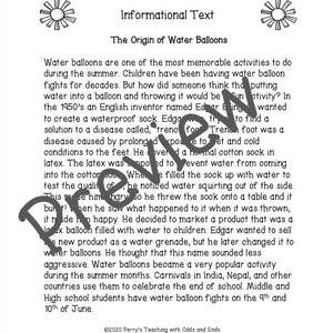 May include: Black and white text on a white background explaining the history of water balloons. The text includes the title "The Origin of Water Balloons" and mentions an English inventor named Edgar Billing who created the water balloon in the 1950s.