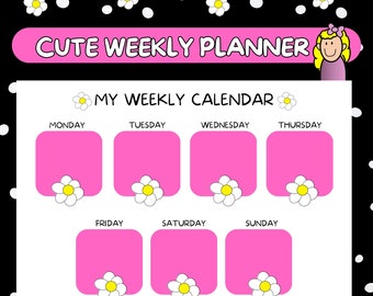 Pink Weekly Planner Daily Calendar Schedule Printable Cute Teen Heart Daily Planner Student Calendar Office Calendar Week Kids Pink Daisy