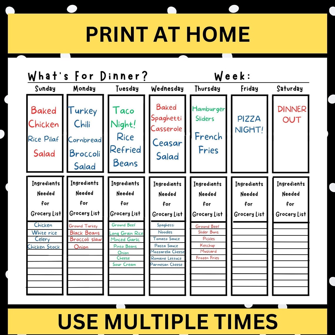 Weekly Dinner Planner Calendar With Grocery List Printable PDF Download