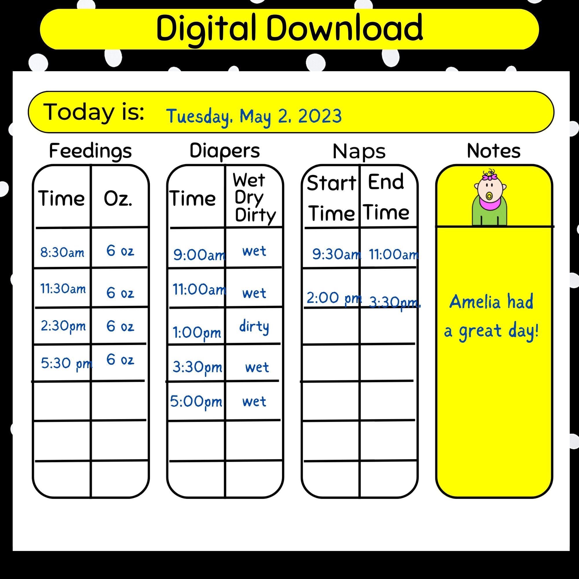 Baby Daily Log Printable Infant Daily Schedule and Babysitter Report ...