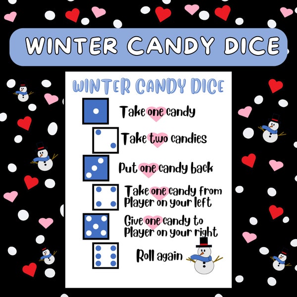 WINTER Day Game Fun Candy Roll the Dice for Candy Valentine Candy Dice Game Pass the Candy Dice Party Classroom Kids Candy Dice WINTER