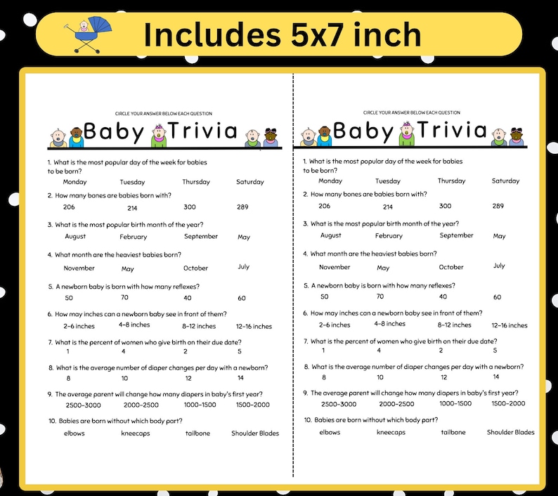 Trivia for Baby Shower Activity Group Game Baby Trivia Questionnaire