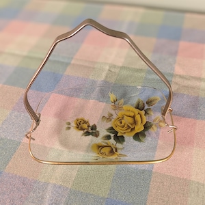 Vintage Chance Glass Trinket Dish With Removable Handle Roses Mid Century Decor