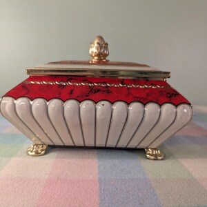 Vintage Red and White Ornate Blue Bird Confectionery Tin with Lid