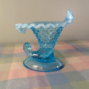 Vintage Fenton Blue Hobnail Cornucopia Ruffled Glass Candlestick Vase