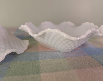 Vintage Hazel Atlas Diamond Quilt Pattern Milk Glass Candy Dish - Set of 2