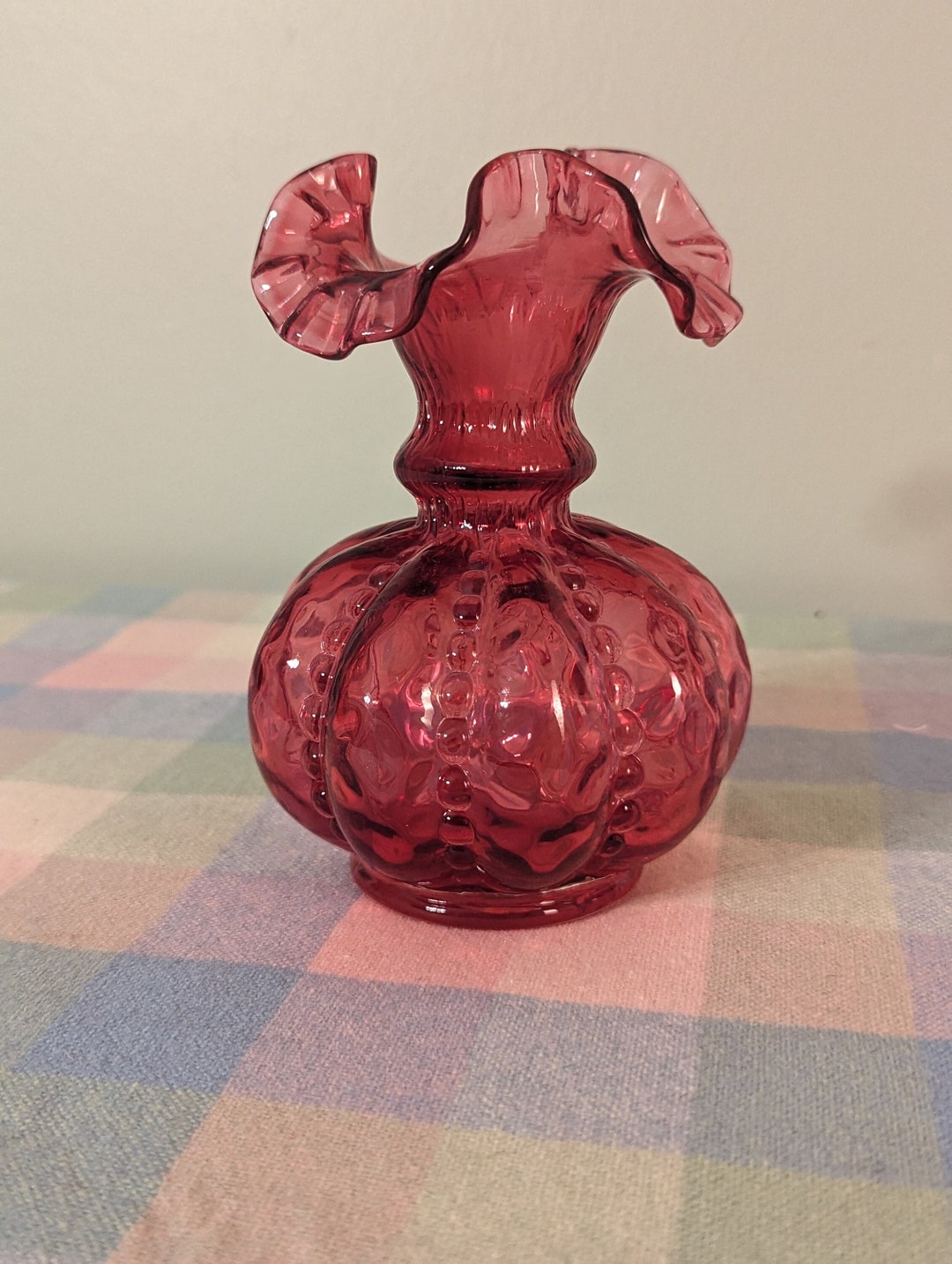 Vintage Fenton Cranberry Glass Beaded Melon Ruffled Vase Etsy