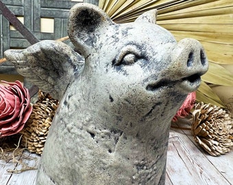 When Pigs Fly Statue, Pig with angel wings statue, Aged Stone Finish, Concrete Statue, Garden Statue, House plant statue