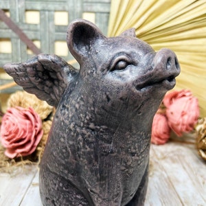 When Pigs Fly Statue, Pig with angel wings statue, Rustic Brown Finish, Concrete Statue, Garden Statue, House plant statue