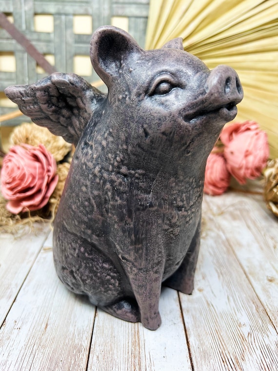 When Pigs Fly Statue, Pig with angel wings statue, Rustic Brown Finish, Concrete Statue, Garden Statue, House plant statue