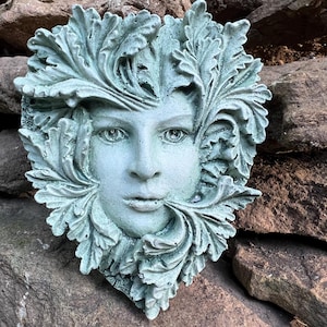 Small Green Woman Wall Plaque, Concrete, Cast Stone,  Irish Moss Stain, Green Woman Garden Plaque, Green Woman, Green Man