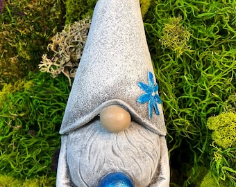 Gazing Ball Gnome, Cast Stone, Concrete Large Garden Gnome, Large Garden Gnome Holding Blue Gazing Ball, 10 Inches Tall
