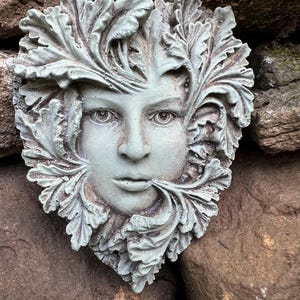Small Green Woman Wall Plaque, Concrete, Cast Stone,  Aged Moss Stain, Green Woman Garden Plaque, Green Woman, Green Man, 4 x 3.5 inches.