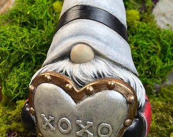 Metallic Heart Sitting Gnome, XOXO Concrete  Garden Gnome , 12" x 6" x 5.5" tall, 12 lbs. READY to SHIP