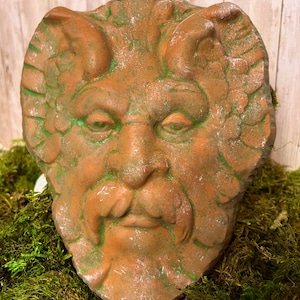 Green man, Cast Stone Green Man in Aged Terracotta Stain Finish , Green Man Wall Plaque, Green Man Garden Plaque,  9.5&quot; x 7.25&quot;