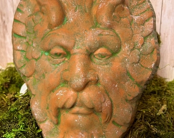 Green man, Cast Stone Green Man in Aged Terracotta Stain Finish , Green Man Wall Plaque, Green Man Garden Plaque,  9.5" x 7.25"