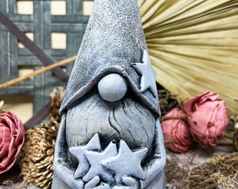 Cast Stone, Concrete Large Garden Gnome, Large Garden Gnome with Stars, 10 Inches Tall, Nicely Sized for the Garden