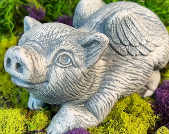 Flying Pig Statue, When Pigs Fly Statue, Pig with angel wings statue, Aged Stone Finish, Concrete Statue, Garden Statue,