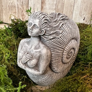 Nautilus Mermaid, Cast Stone Mermaid , Concrete Nautilus, Ammonite Shaped Shell Mermaid Statue, Mermaid Statue, 5 x 5 x 2.25 inches
