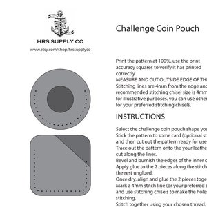 May include: A diagram for a challenge coin pouch, featuring two shapes: a circle and a square with a diagonal cut. The text "Challenge Coin Pouch" is displayed, along with instructions and the HRS SUPPLY CO logo.