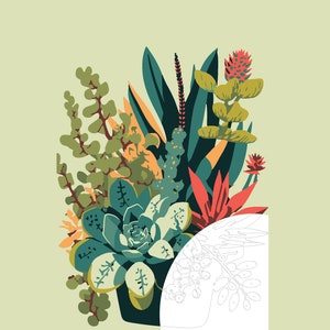May include: A colorful illustration of a variety of succulents in a pot. The succulents are green, red, and orange. The background is a light green.
