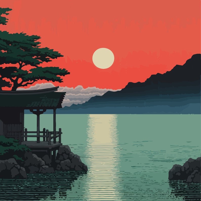 Paint by Number Japanese Landscape Painting Sunset on the Lake Paint by