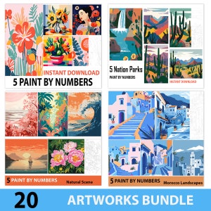 Paint by Number - 20 Artworks Printable Paint By Numbers - Paint by numbers for adults - Mixed Wall Art Painting- Color by Number