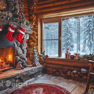 Christmas Cabin Zoom Background, Winter Fireplace Scene, Virtual ...