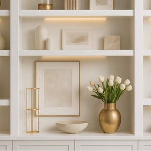 Puede incluir: Una estantería empotrada blanca con varios objetos decorativos. Los estantes exhiben jarrones, arte enmarcado, un jarrón dorado con tulipanes blancos y un soporte de metal dorado. La paleta de colores es neutra con acentos dorados.