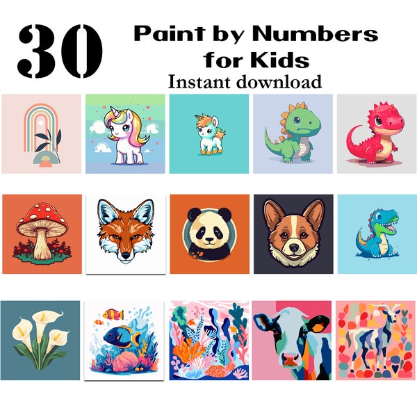 30 Printable Paint By Numbers for Kids - Paint By Number -Include Landscape Still Life Animal Flower floral Painting - Color by Number