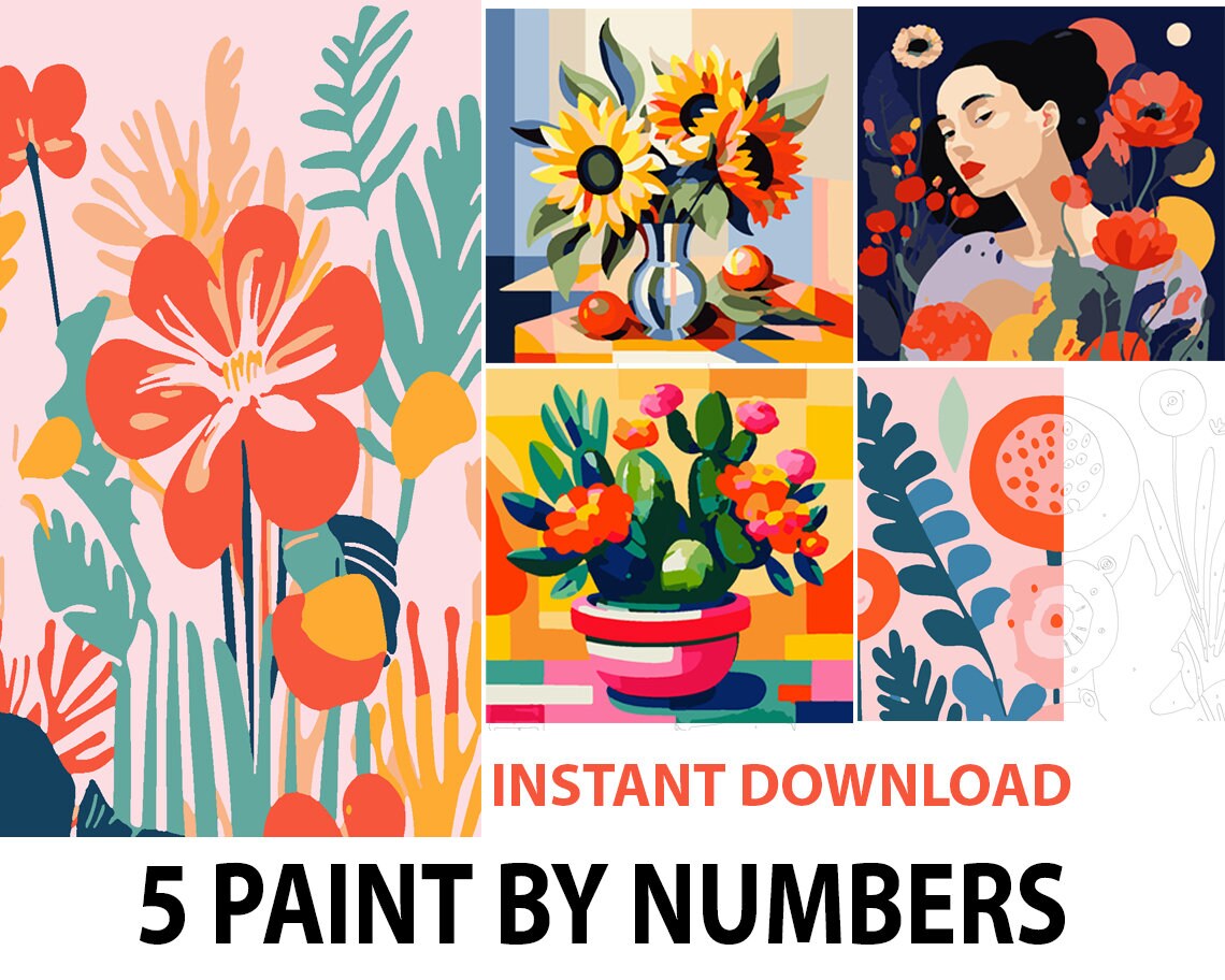 5 Printable Paint by Numbers Paint by Numbers for Adults Etsy