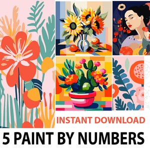 5 Printable Paint By Numbers - Paint by numbers for adults - House Plant, Still Live, Floral Painting- Paint by number - Color by Number