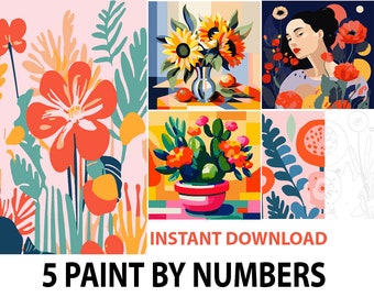 5 Printable Paint By Numbers - Paint by numbers for adults - House Plant, Still Live, Floral Painting- Paint by number - Color by Number
