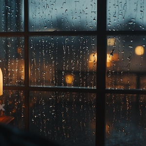 May include: A cozy indoor scene featuring a lit lamp with a warm glow next to a window. Raindrops streak down the glass, blurring the city lights visible outside. The scene evokes a sense of comfort and tranquility.