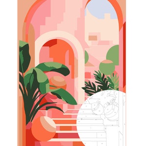 Pintar por números - Jardim colorido mediterrâneo abstrato com plantas em vasos, Pintar por números para adultos - Colorir por número