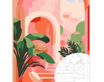Paint By Numbers - Abstract Mediterranean Colorful Garden with potted plants, Paint by numbers for Adult - Color by Number