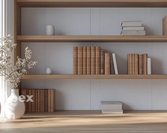 Tło do powiększania regału z drewna, minimalistyczne tło wirtualnej biblioteki, neutralne tło do rozmów na Zoomie w biurze domowym, tło do spotkań zespołów