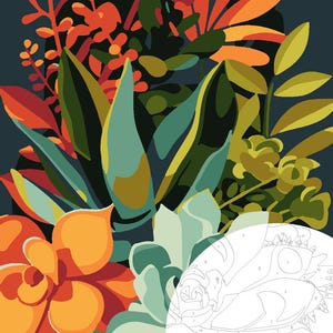 May include: A paint-by-numbers kit featuring a colorful illustration of a variety of succulents in shades of green, orange, and yellow. The kit includes a numbered canvas, paint pots, and brushes.