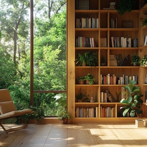 May include: A large wooden bookshelf filled with books and plants, located in a room with a large window overlooking a lush green forest. A comfortable chair sits near the window, inviting relaxation and reading.