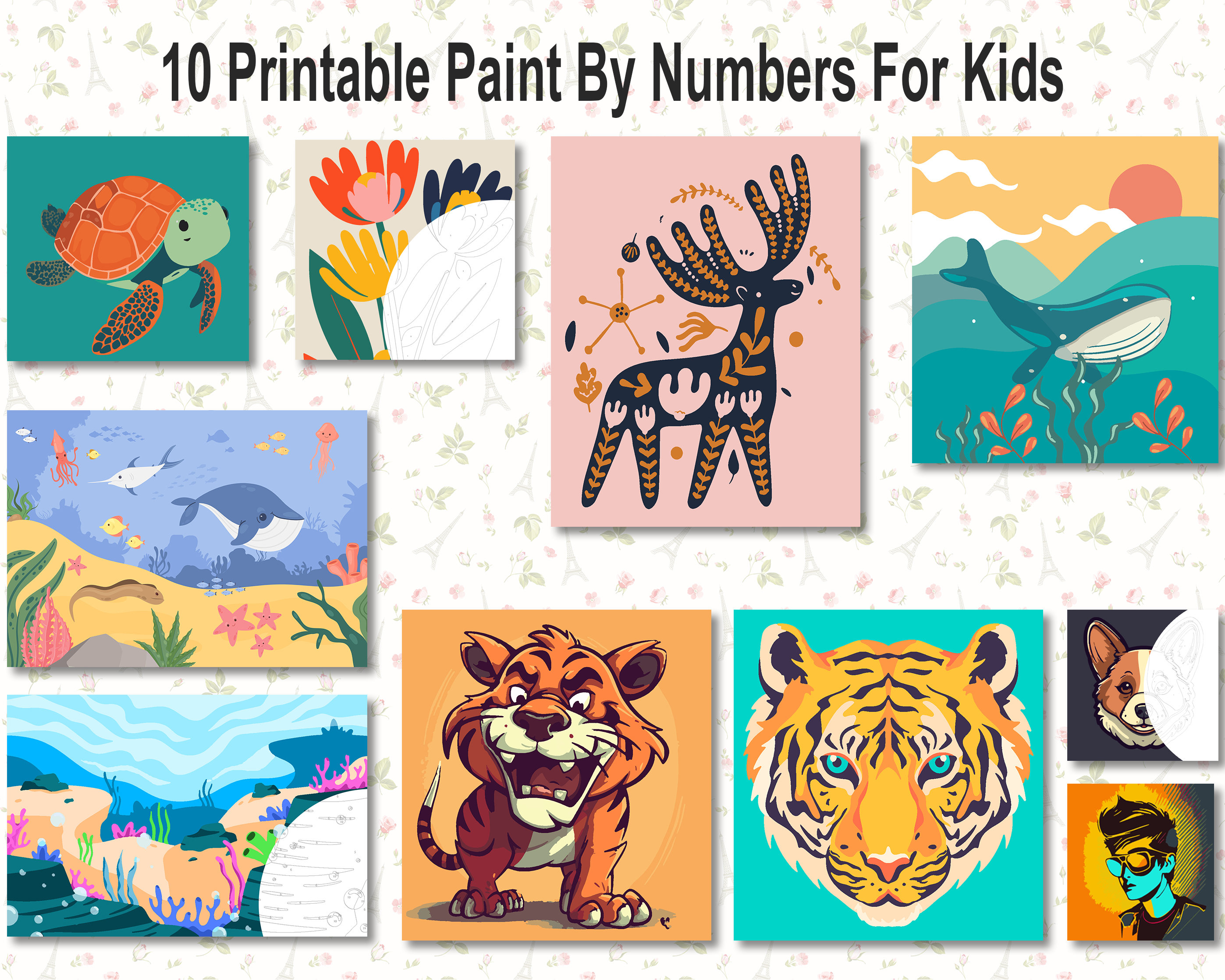 10 Paintable Paint by Numbers for Kids Paint by Number include Landscape  Still Life Animal Flower Painting Color by Number 