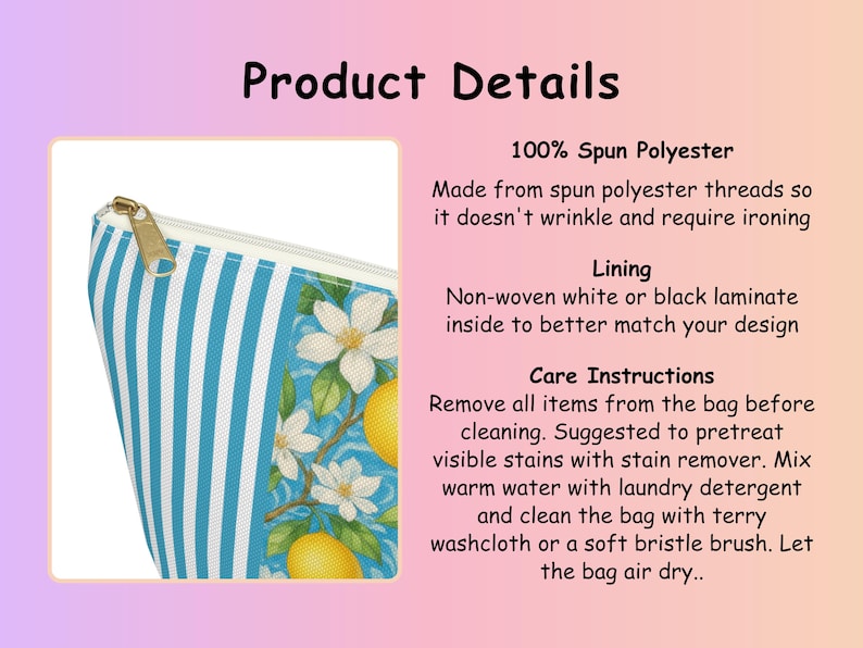 May include: A cosmetic bag with a blue and white striped pattern on one side and a lemon and floral design on the other. The bag has a gold zipper and is made of spun polyester.