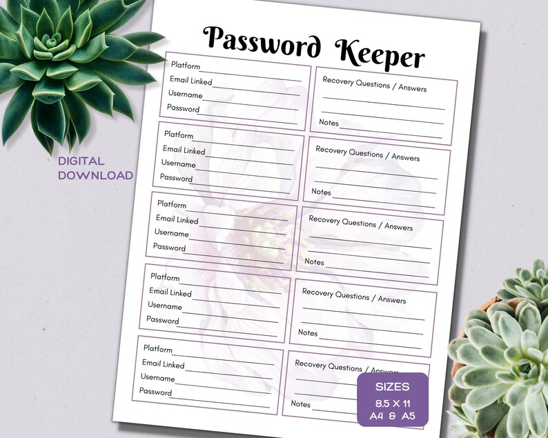 Printable Password Tracker, Security Question Password Organizer, Login ...