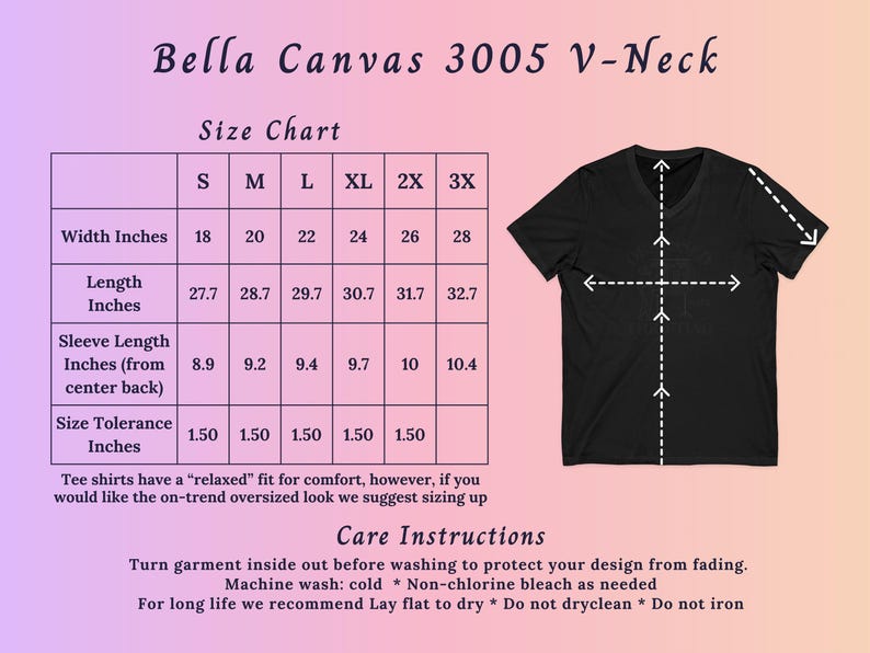 Pode incluir: Uma t-shirt preta com decote em V ao lado de uma tabela de tamanhos intitulada Bella Canvas 3005 V-Neck. A tabela lista largura, comprimento e comprimento da manga em polegadas para os tamanhos S a 3X. Setas brancas indicam os pontos de medi&ccedil;&atilde;o.